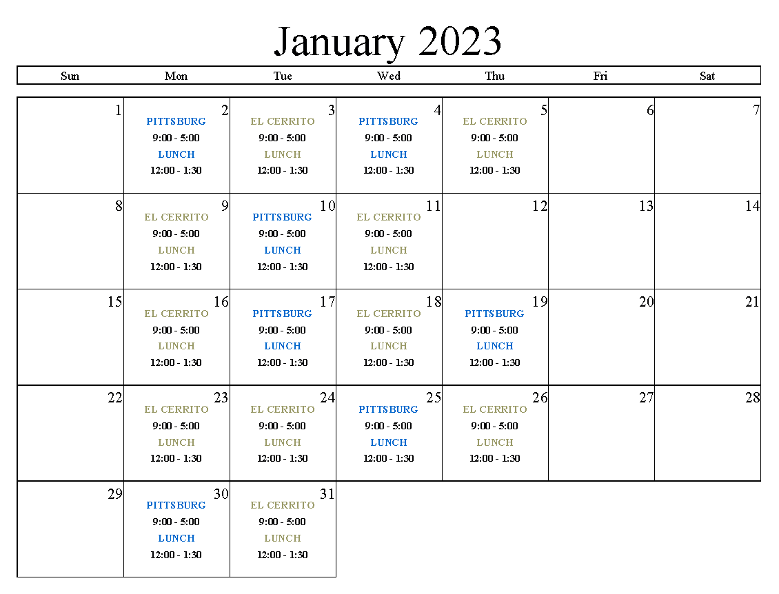 January 2023 Office Calendar